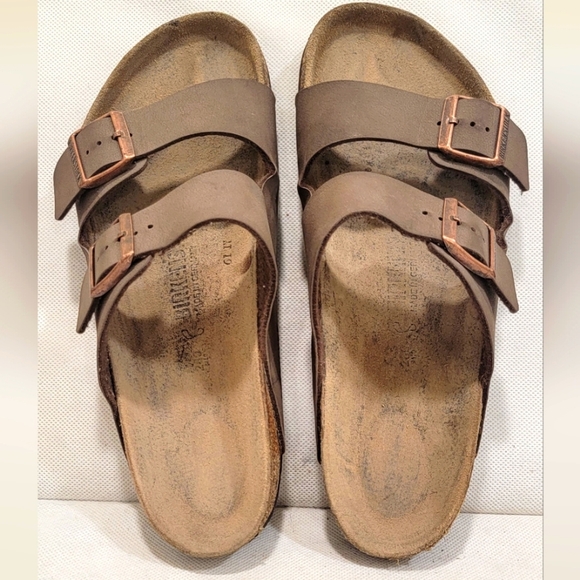 BIRKENSTOCK BROWN LEATHER SLIDE STYLE SANDALS - Picture 1 of 5